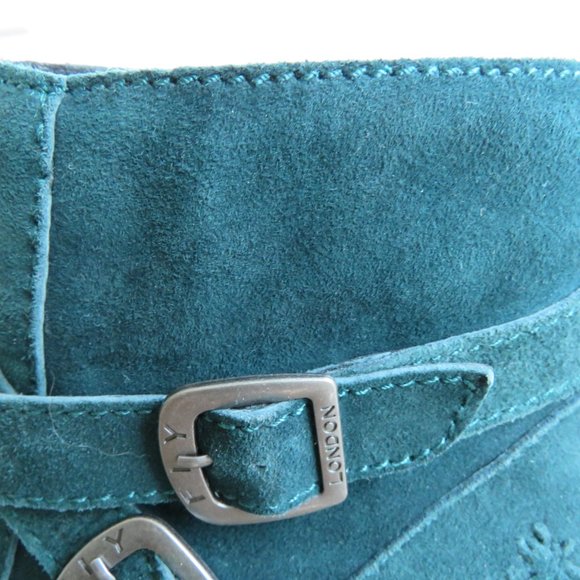 FLY LONDON Perz Suede Leather Ankle Wedge Buckle Boots Dark Petrol Size US 7.5/8 - Picture 11 of 16